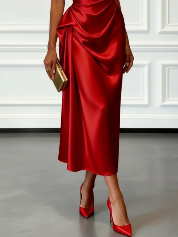 Satin One-Shoulder Ruched Wedding Guest Midi Dress Modeberg Bern