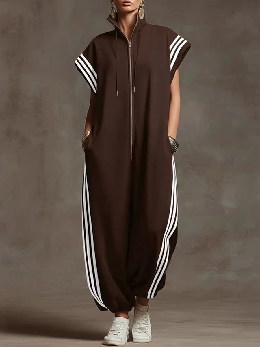 Plus Size Striped Sleeveless Jumpsuit with Stand Collar Modeberg Bern