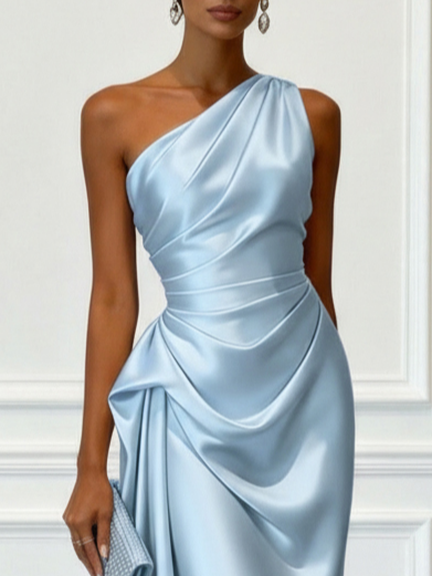 Satin One-Shoulder Ruched Wedding Guest Midi Dress Modeberg Bern