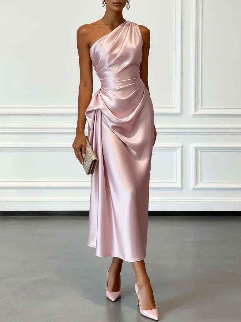 Satin One-Shoulder Ruched Wedding Guest Midi Dress Modeberg Bern