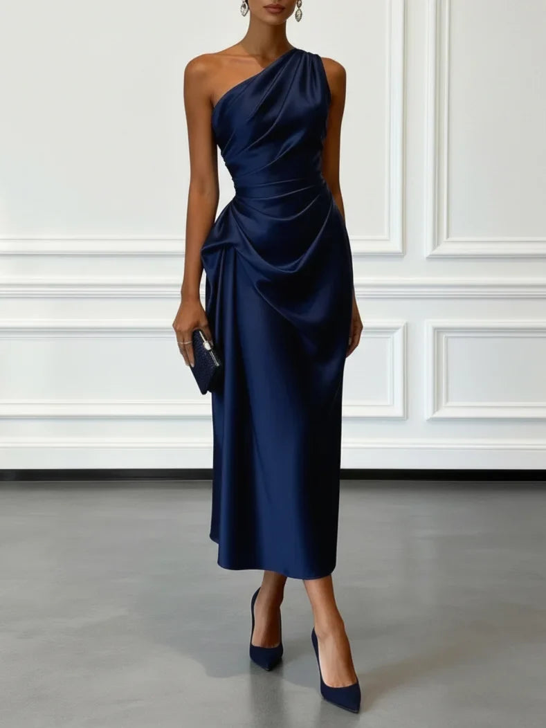 Satin One-Shoulder Ruched Wedding Guest Midi Dress Modeberg Bern