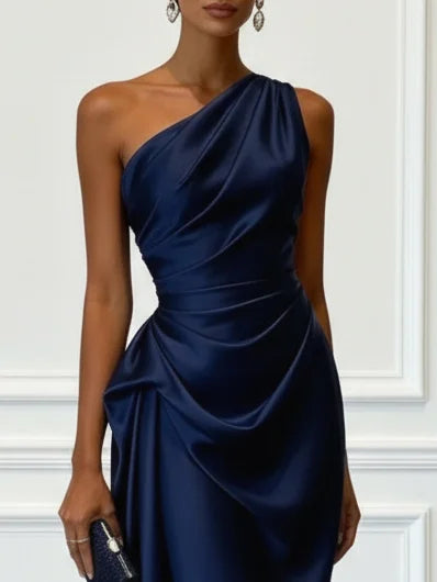 Satin One-Shoulder Ruched Wedding Guest Midi Dress Modeberg Bern