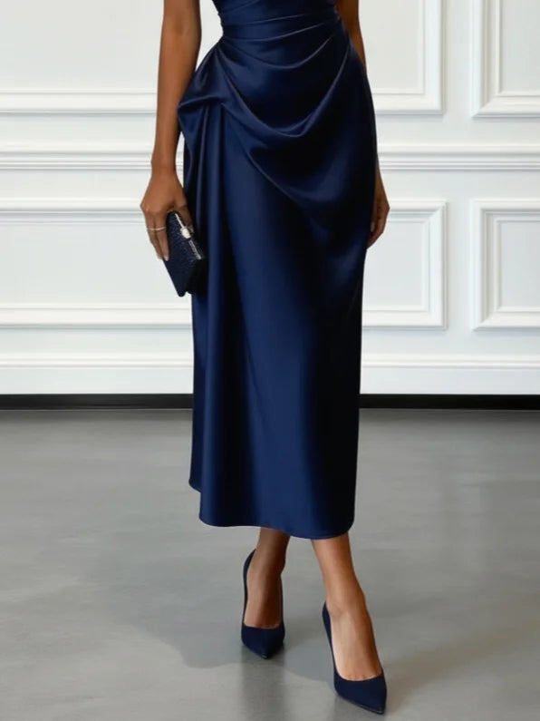 Satin One-Shoulder Ruched Wedding Guest Midi Dress Modeberg Bern