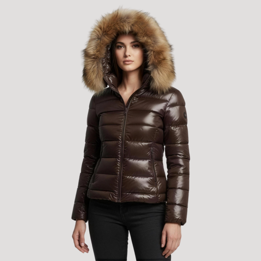 Faux Fur Hooded Puffer Jacket with Glossy Finish Modeberg Bern