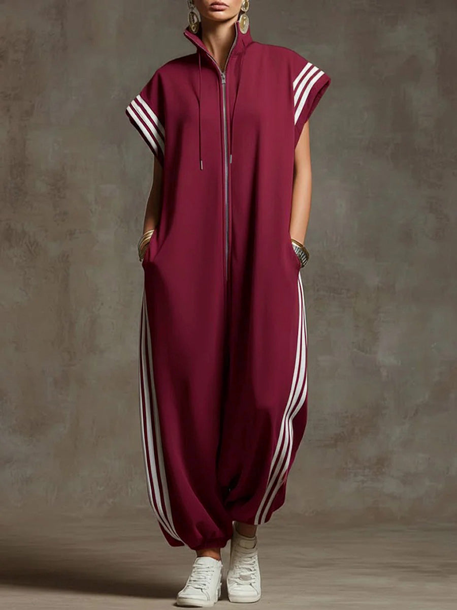 Plus Size Striped Sleeveless Jumpsuit with Stand Collar Modeberg Bern