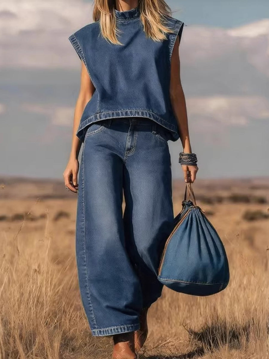 Denim Mock Neck Vest Top & Wide-Leg Jeans Co-ord Set Modeberg Bern