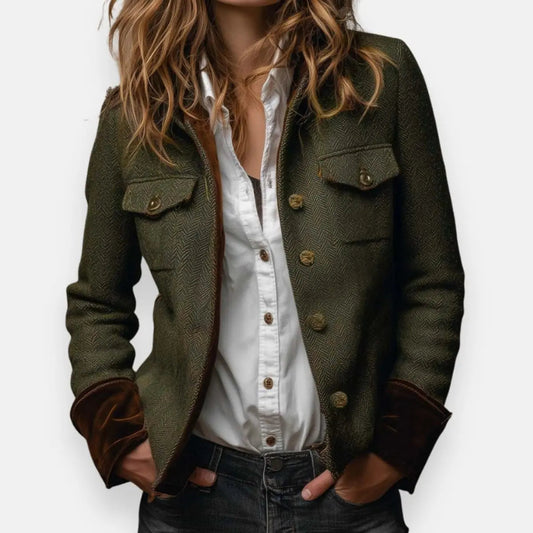 Herringbone Tweed Quilted Jacket with Gold Buttons Modeberg Bern
