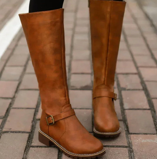 Leather Knee High Riding Boots with Ankle Buckle Strap Modeberg Bern