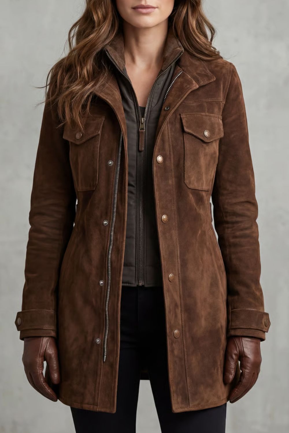 Longline Coat with Suede Effect and Flap Chest Pockets Modeberg Bern