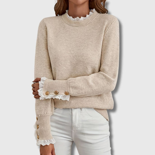 Lace Trim Round Neck Jumper with Button Sleeves Modeberg Bern