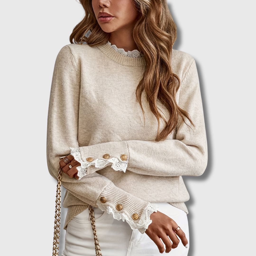 Lace Trim Round Neck Jumper with Button Sleeves Modeberg Bern