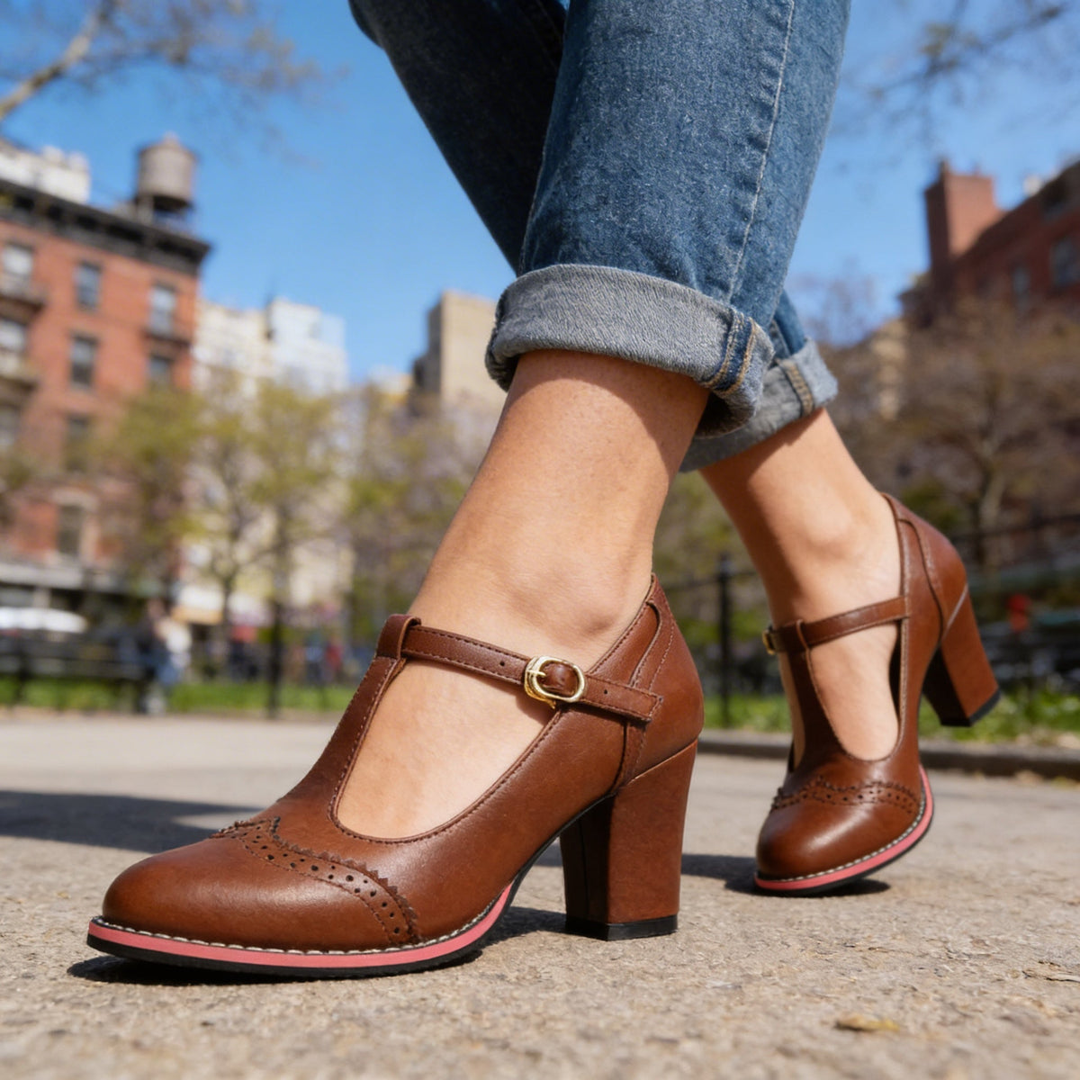 Women's T-Strap Brogue Mary Jane Block Heels Modeberg Bern
