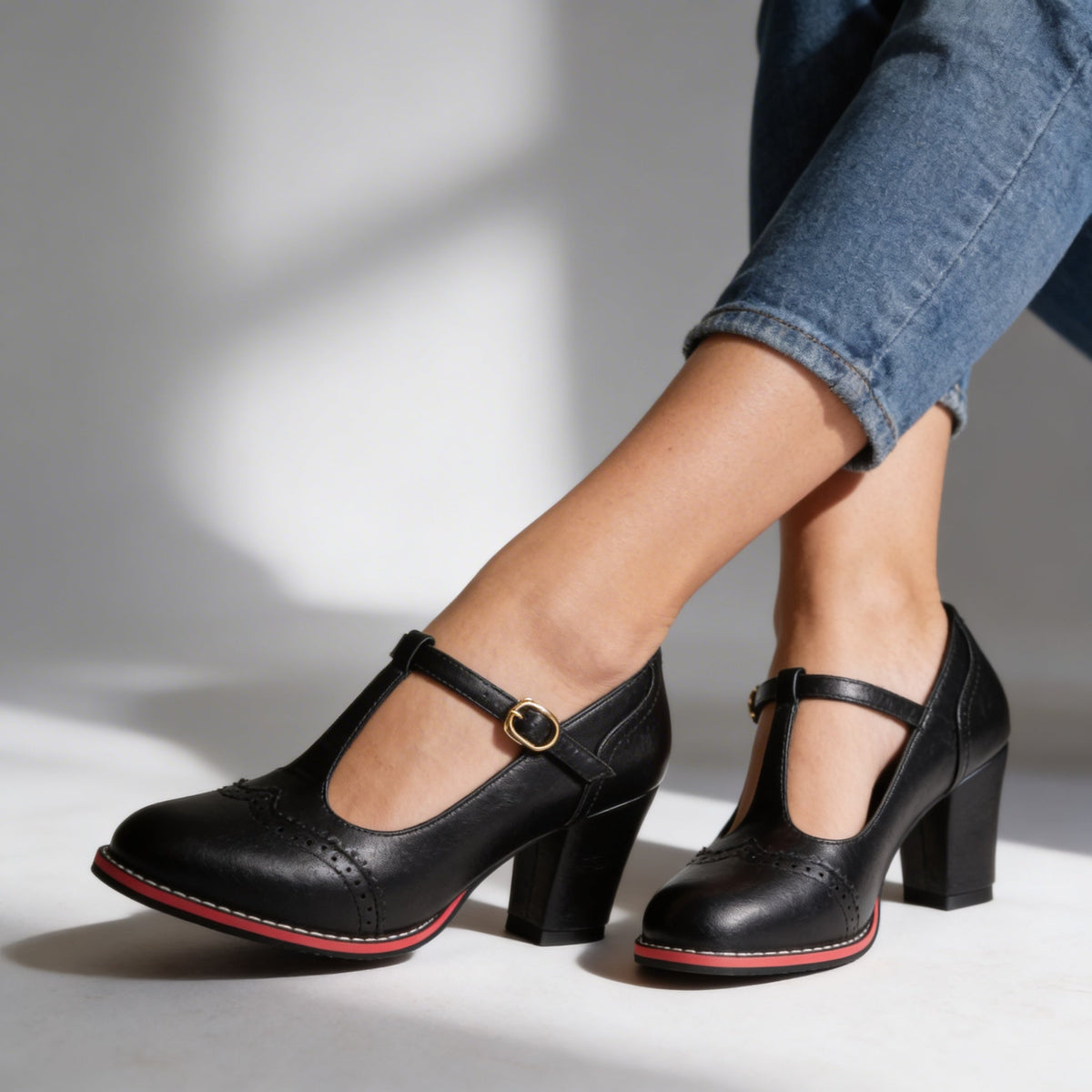 Women's T-Strap Brogue Mary Jane Block Heels Modeberg Bern