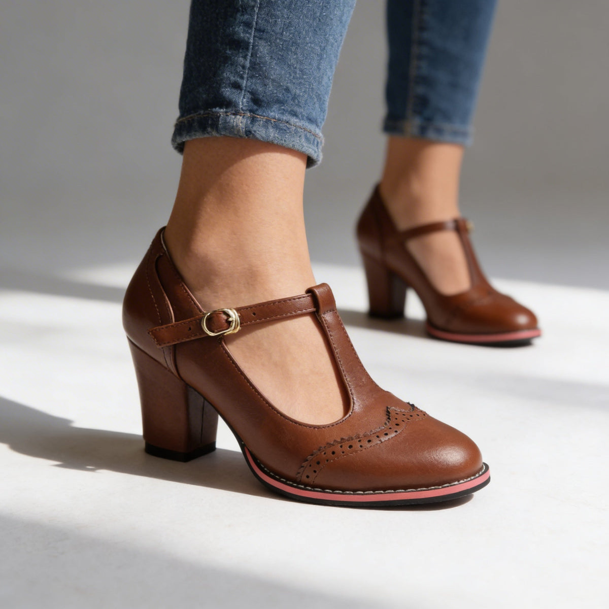 Women's T-Strap Brogue Mary Jane Block Heels Modeberg Bern