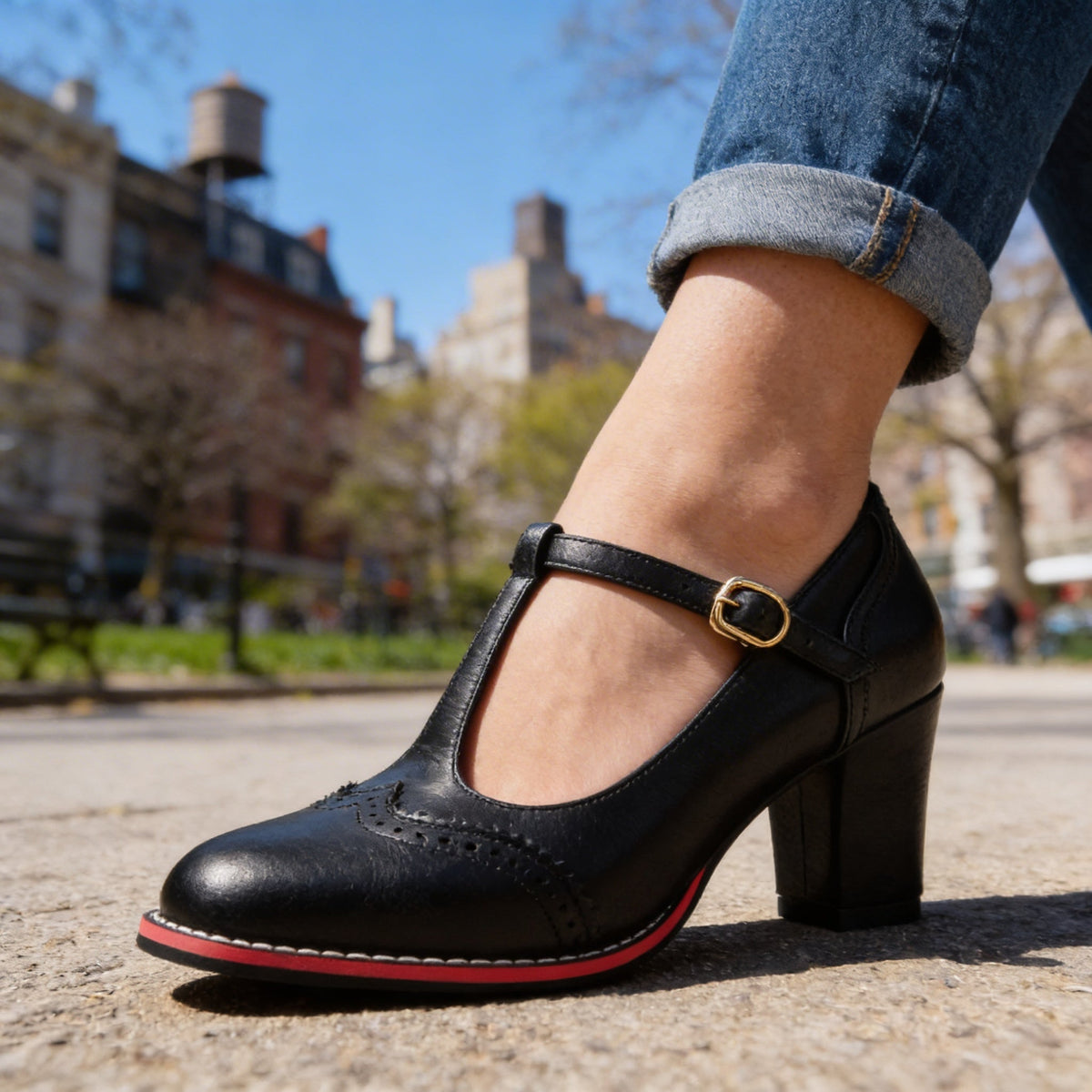 Women's T-Strap Brogue Mary Jane Block Heels Modeberg Bern