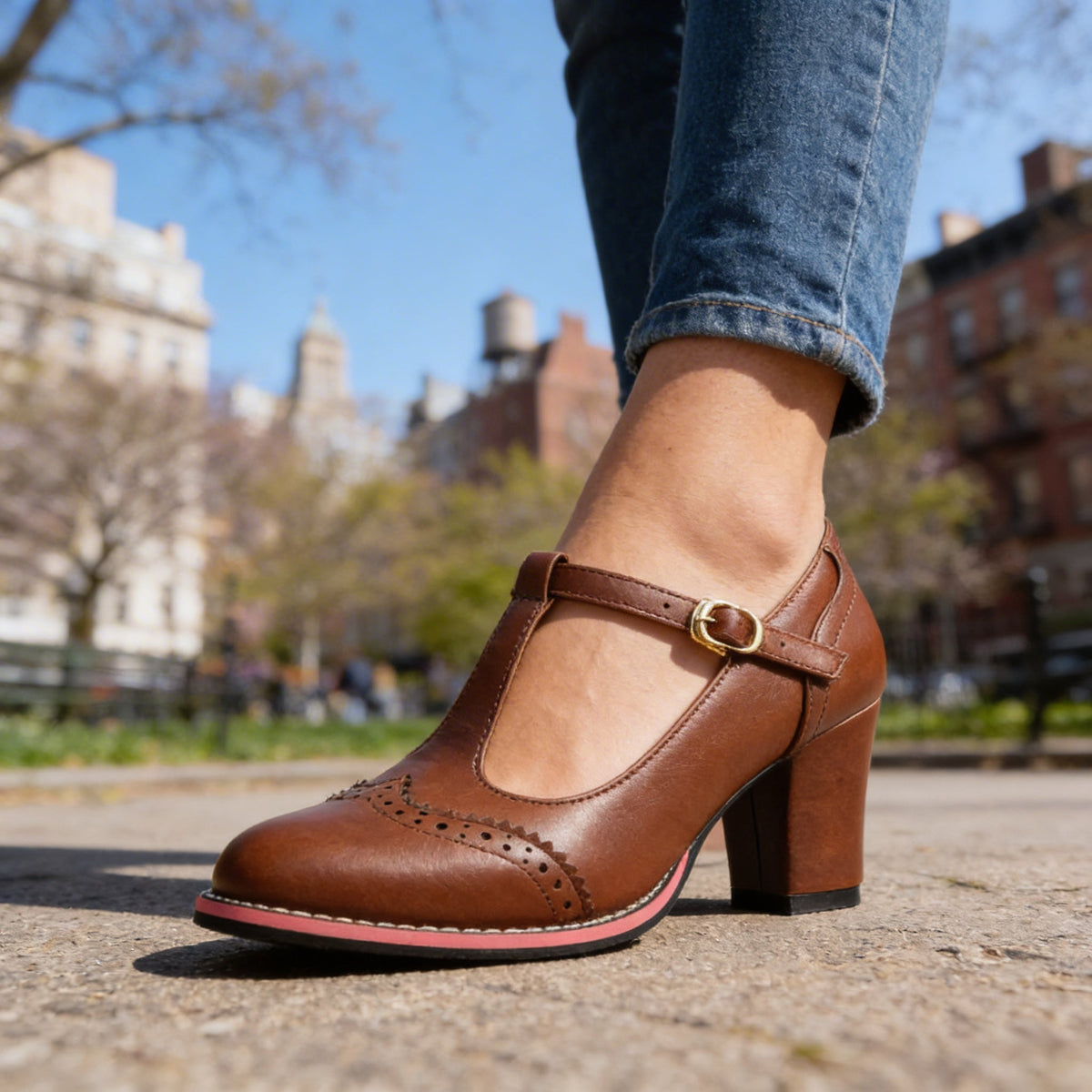 Women's T-Strap Brogue Mary Jane Block Heels Modeberg Bern