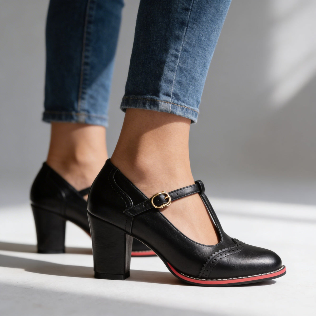Women's T-Strap Brogue Mary Jane Block Heels Modeberg Bern