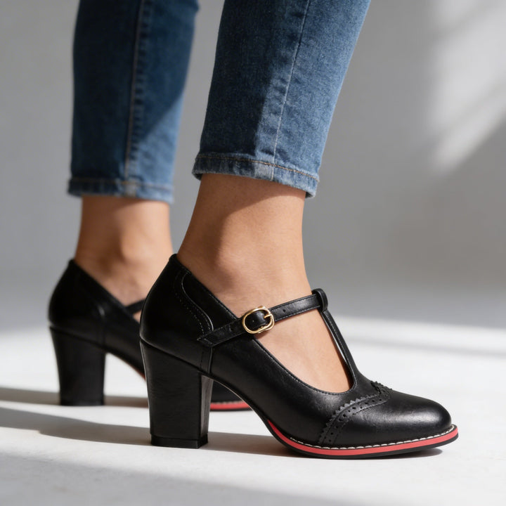 Women's T-Strap Brogue Mary Jane Block Heels Modeberg Bern
