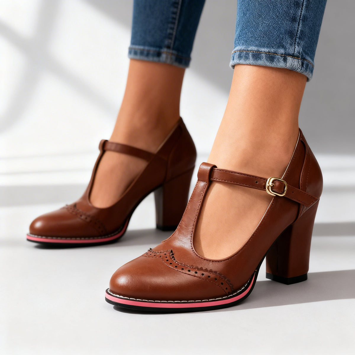 Women's T-Strap Brogue Mary Jane Block Heels Modeberg Bern