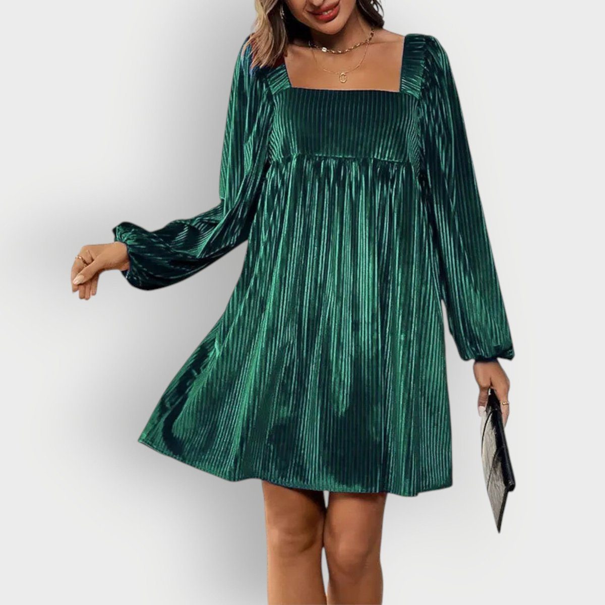 Women's Velvet Pleated Formal Square Neck Long Sleeve Dress Modeberg Bern