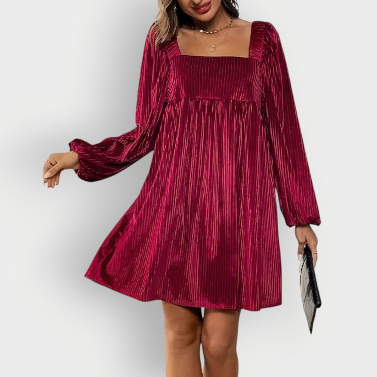 Women's Velvet Pleated Formal Square Neck Long Sleeve Dress Modeberg Bern