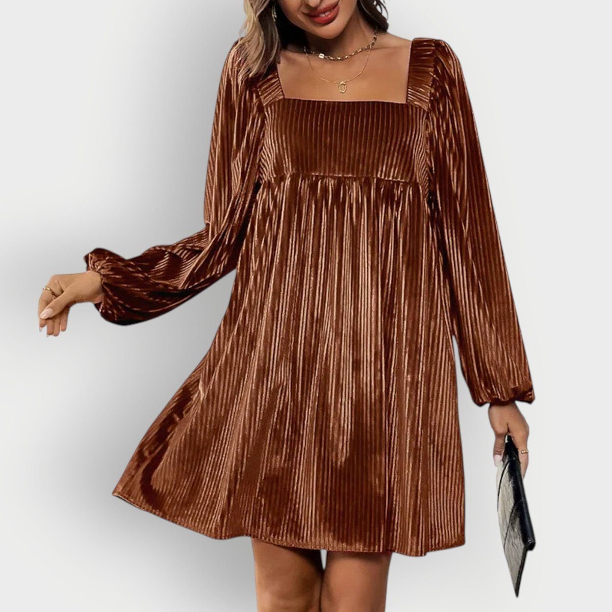 Women's Velvet Pleated Formal Square Neck Long Sleeve Dress Modeberg Bern
