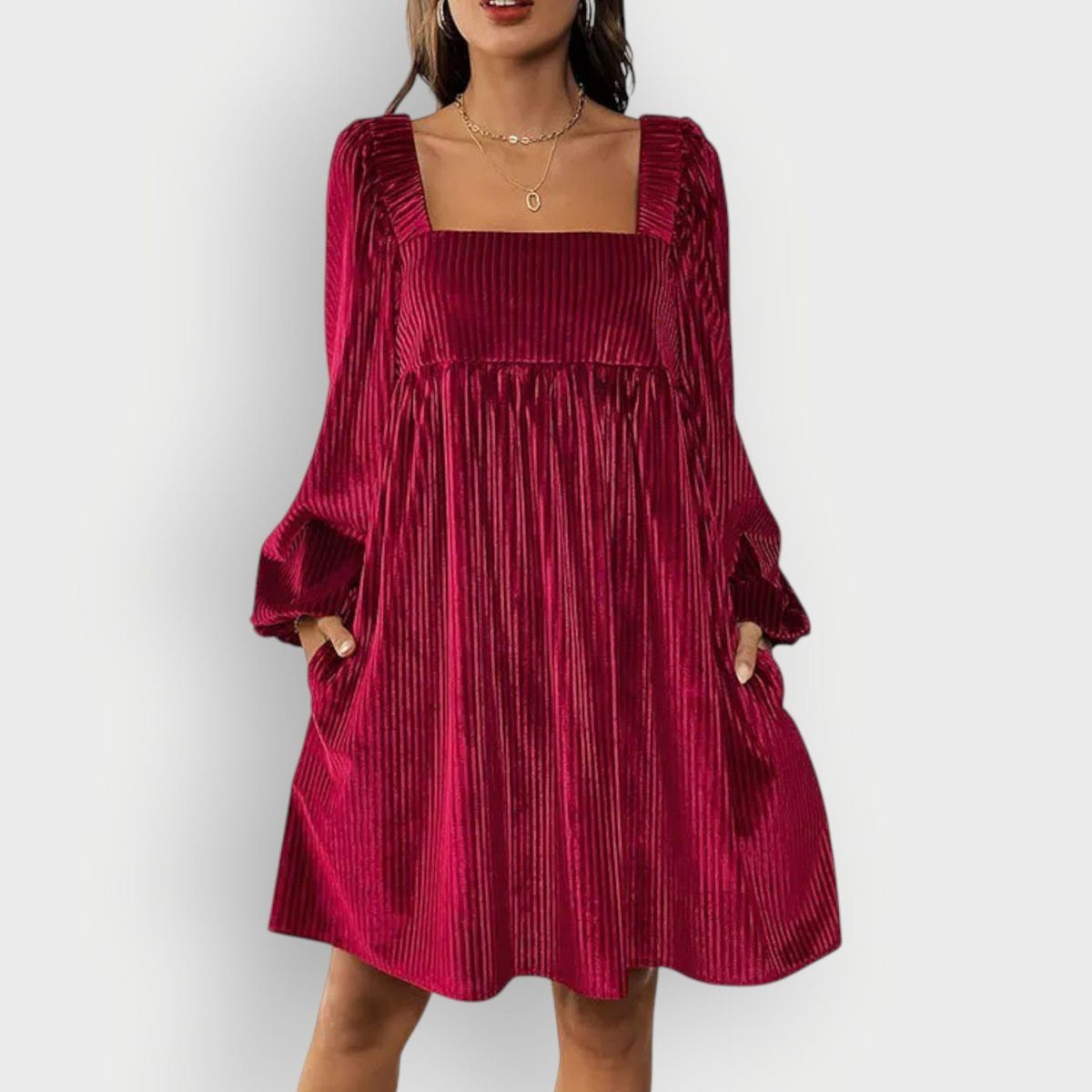 Women's Velvet Pleated Formal Square Neck Long Sleeve Dress Modeberg Bern