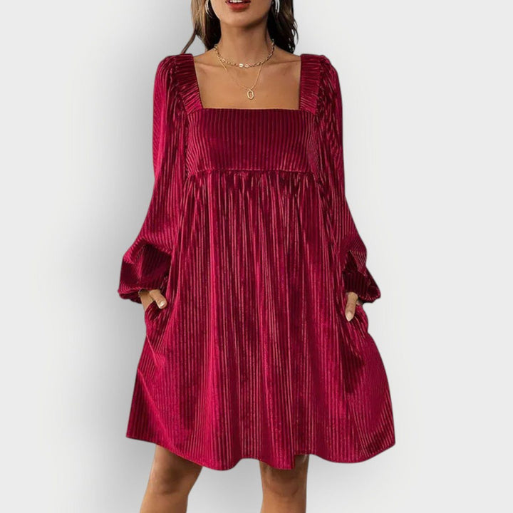 Women's Velvet Pleated Formal Square Neck Long Sleeve Dress Modeberg Bern
