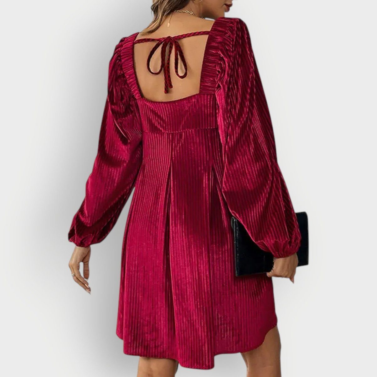 Women's Velvet Pleated Formal Square Neck Long Sleeve Dress Modeberg Bern