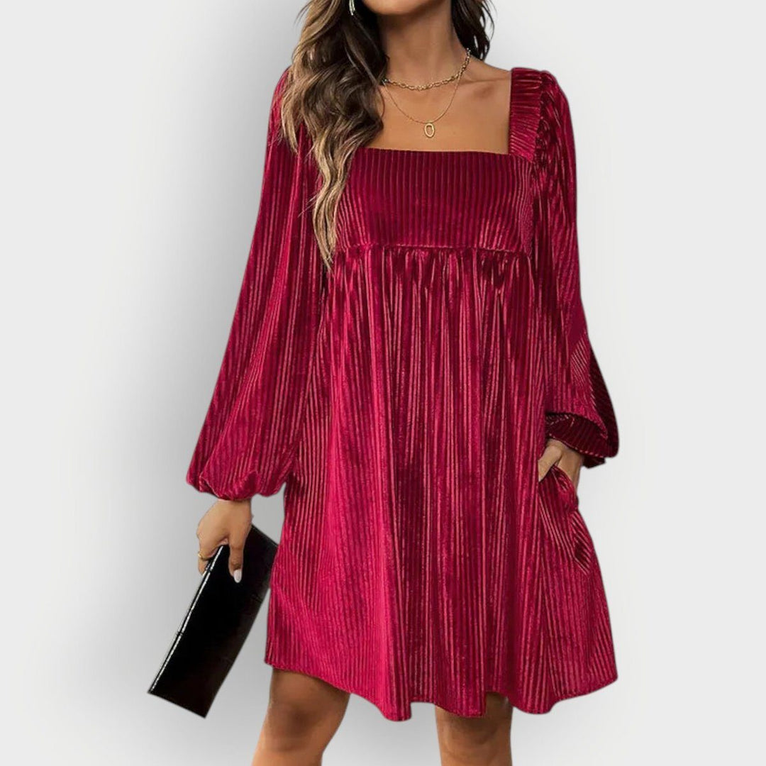 Women's Velvet Pleated Formal Square Neck Long Sleeve Dress Modeberg Bern