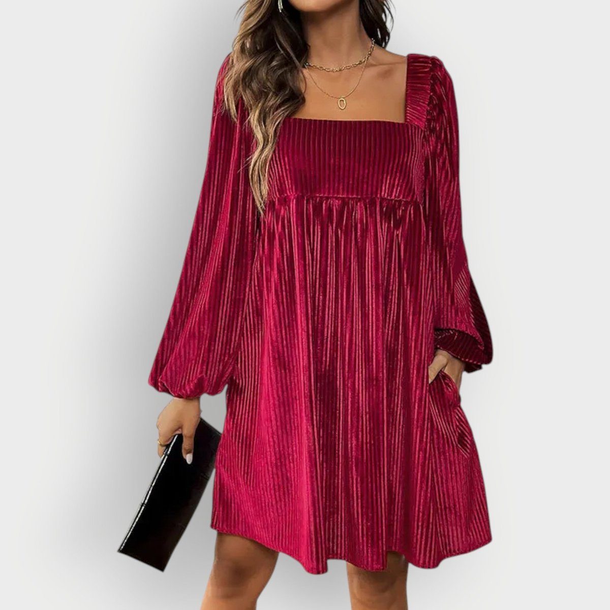 Women's Velvet Pleated Formal Square Neck Long Sleeve Dress Modeberg Bern