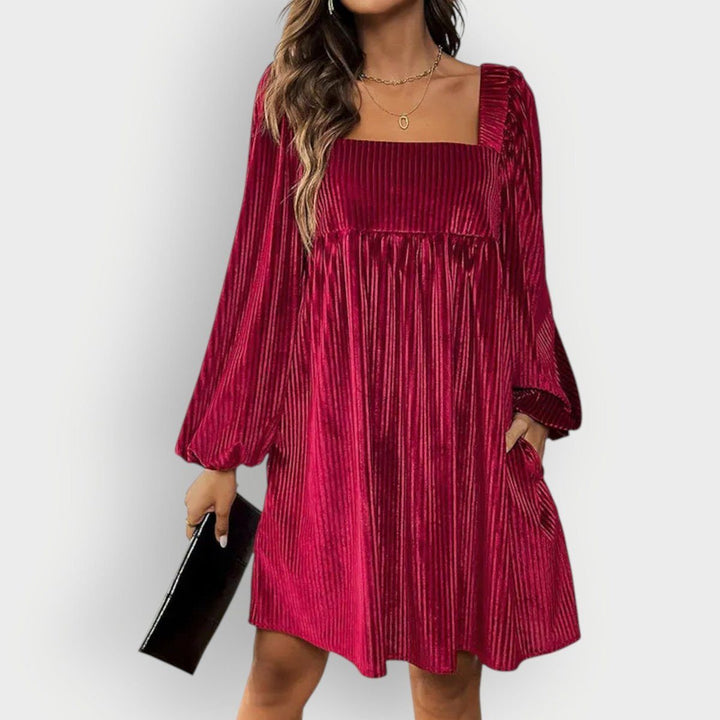 Women's Velvet Pleated Formal Square Neck Long Sleeve Dress Modeberg Bern