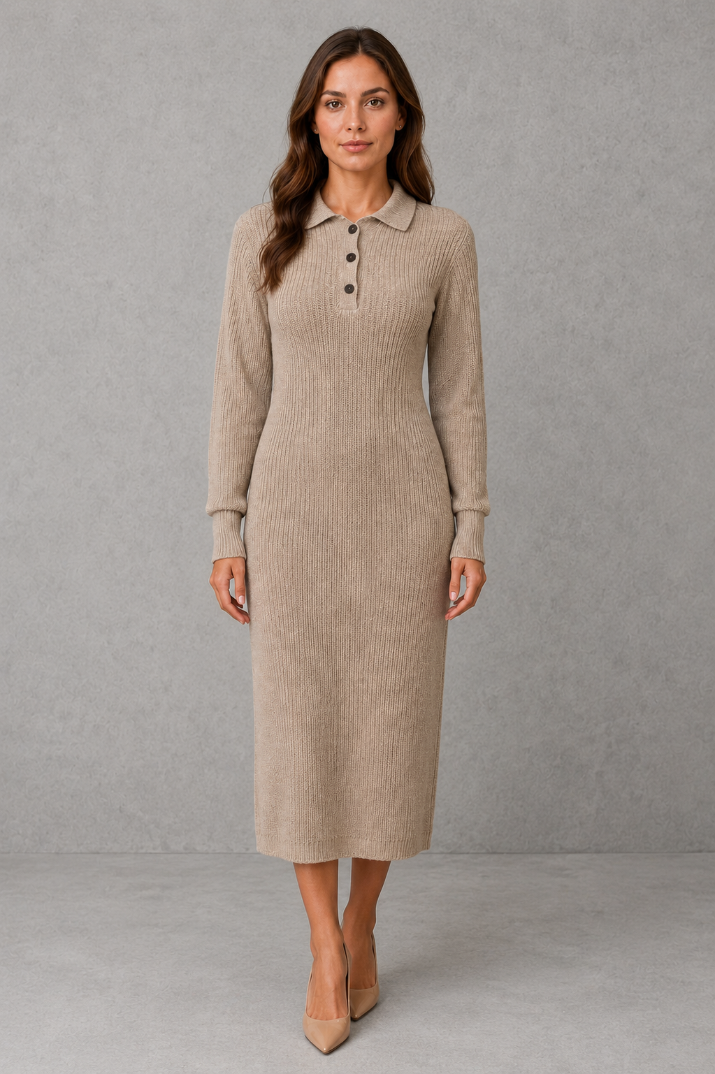 Polo Neck Knitted Midi Jumper Dress with Button Placket Modeberg Bern