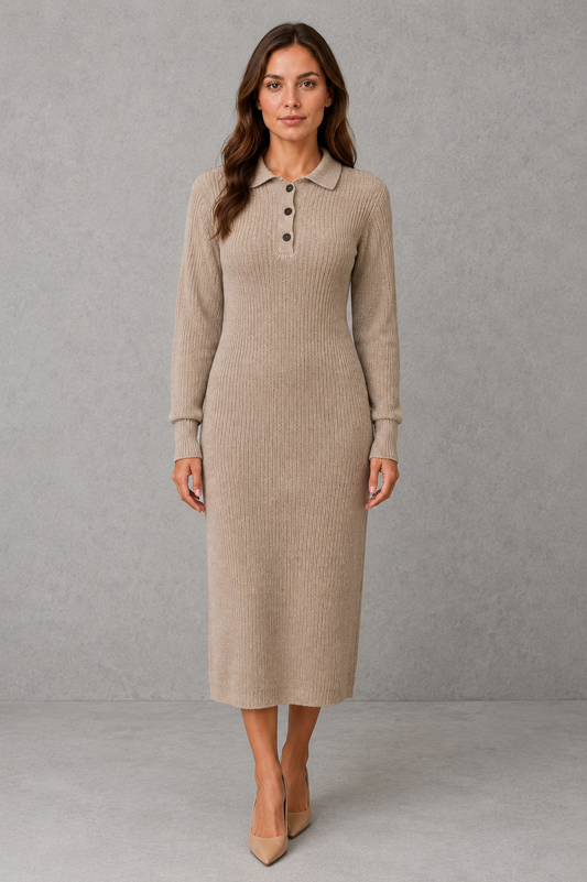 Polo Neck Knitted Midi Jumper Dress with Button Placket Modeberg Bern