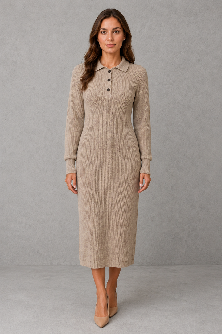 Polo Neck Knitted Midi Jumper Dress with Button Placket Modeberg Bern
