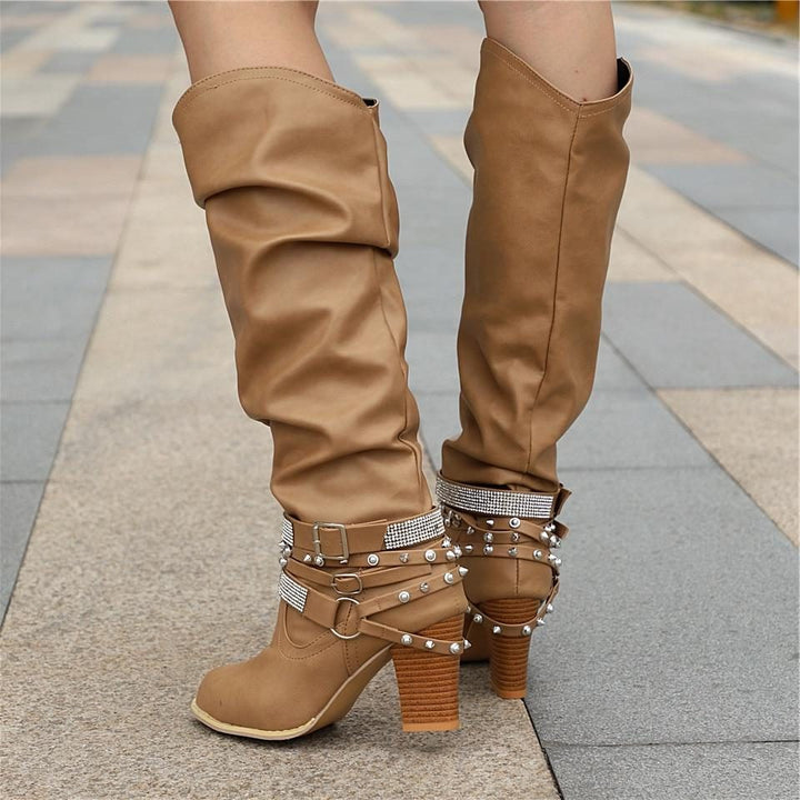 Slouchy Knee High Boots with Studded Ankle Straps Modeberg Bern