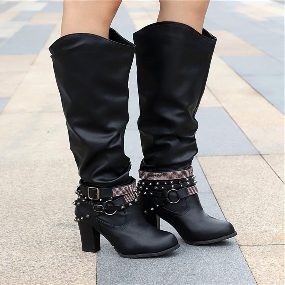 Slouchy Knee High Boots with Studded Ankle Straps Modeberg Bern