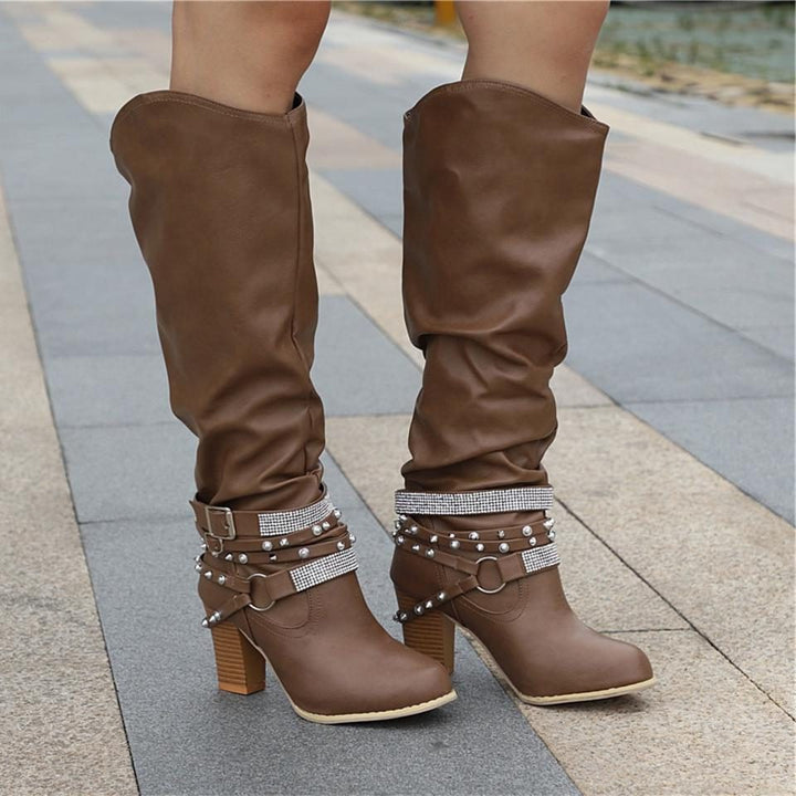 Slouchy Knee High Boots with Studded Ankle Straps Modeberg Bern
