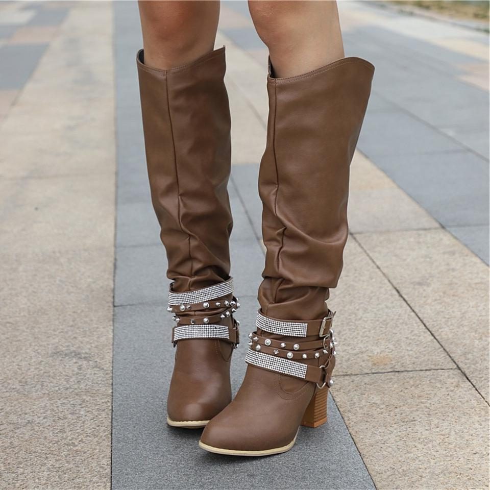 Slouchy Knee High Boots with Studded Ankle Straps Modeberg Bern