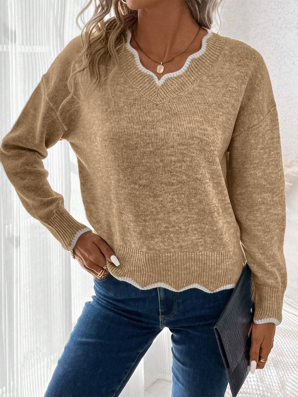 Notch V-Neck Long Sleeve Knit Jumper Modeberg Bern
