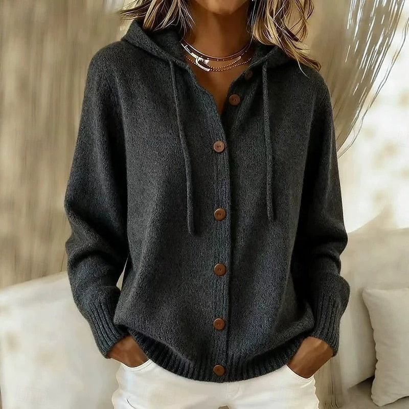 Hooded Button-Down Cardigan with Drawstring Hood Modeberg Bern