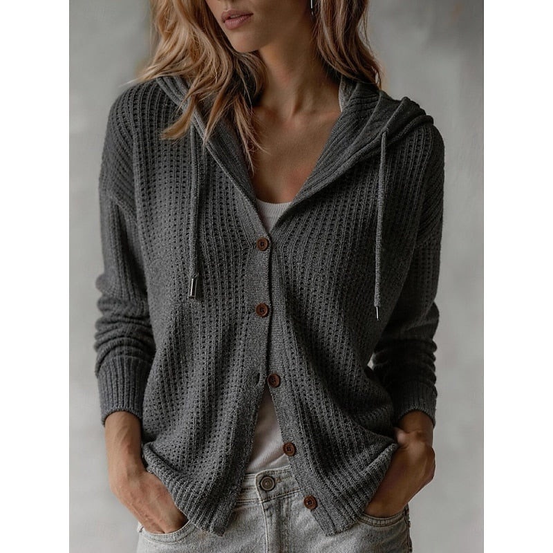 Hooded Button-Front Cardigan with Ribbed Cuffs Modeberg Bern