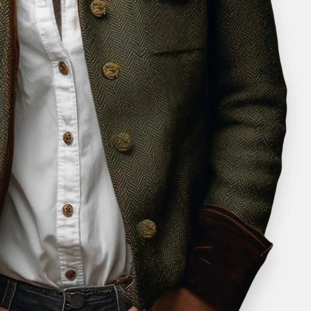 Herringbone Tweed Quilted Jacket with Gold Buttons Modeberg Bern