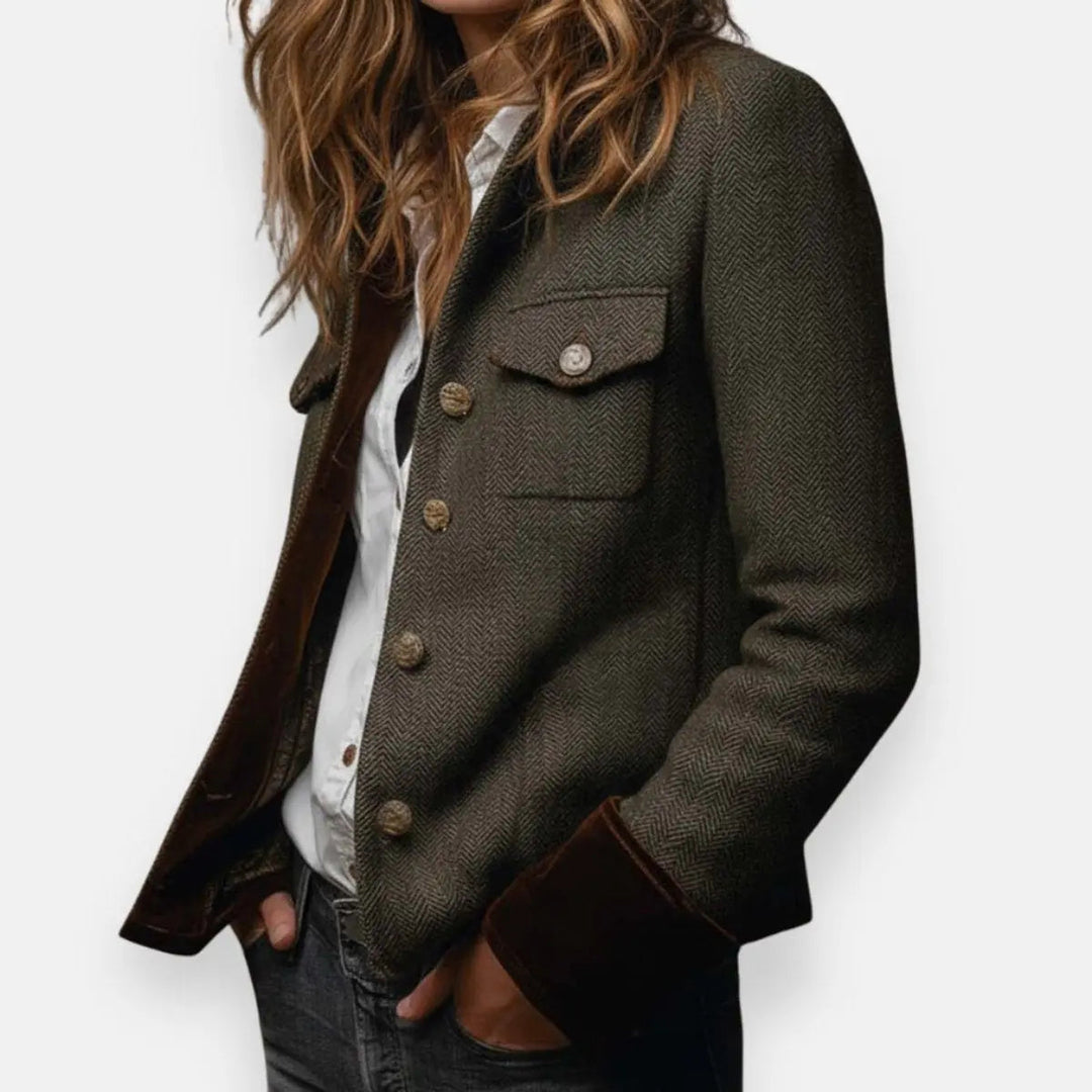 Herringbone Tweed Quilted Jacket with Gold Buttons Modeberg Bern