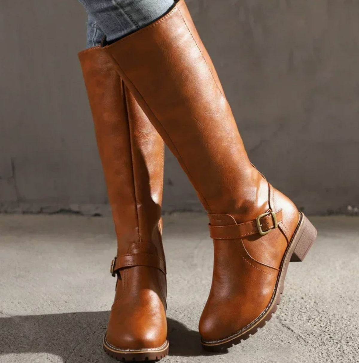 Leather Knee High Riding Boots with Ankle Buckle Strap Modeberg Bern