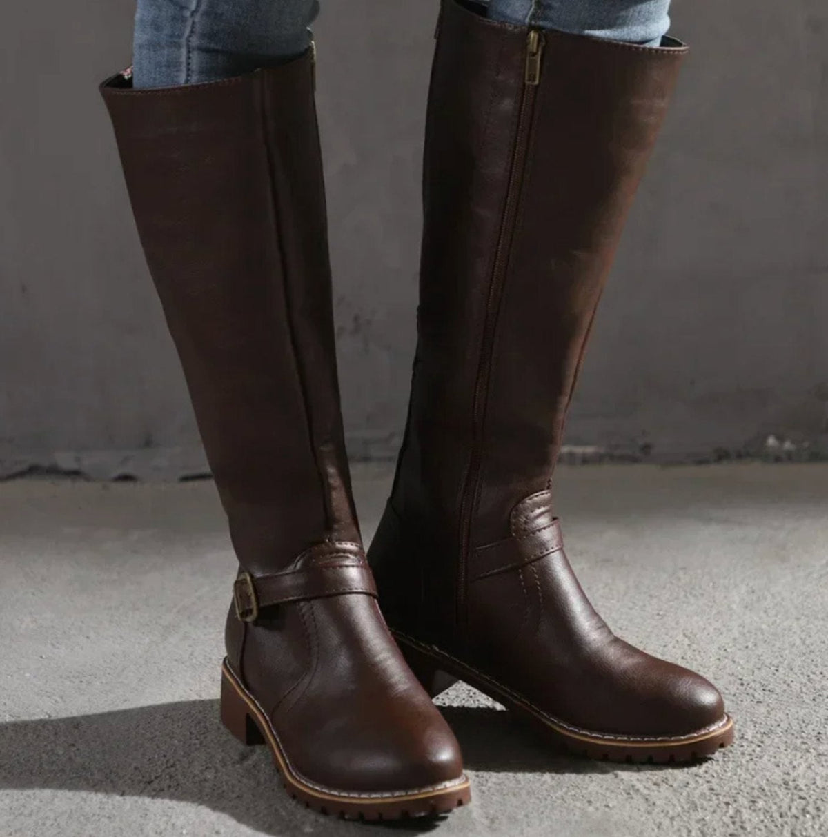 Leather Knee High Riding Boots with Ankle Buckle Strap Modeberg Bern