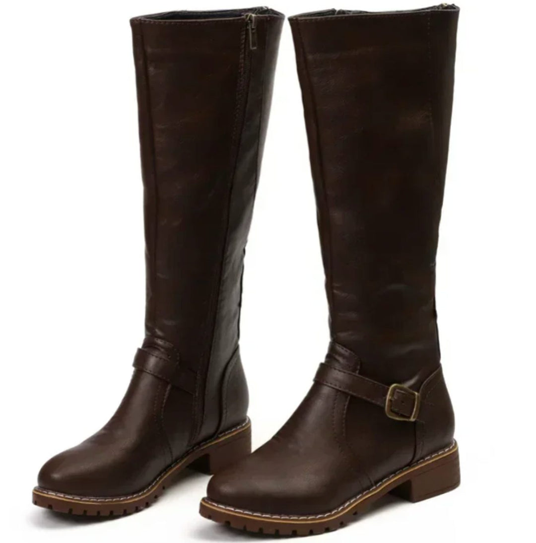 Leather Knee High Riding Boots with Ankle Buckle Strap Modeberg Bern