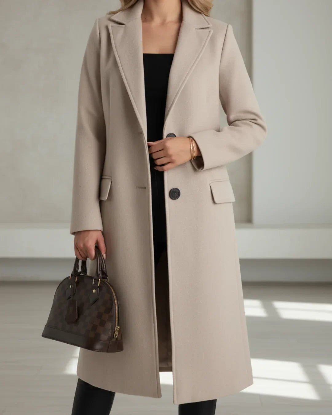 Long Tailored Wool Coat with Notched Lapel Modeberg Bern