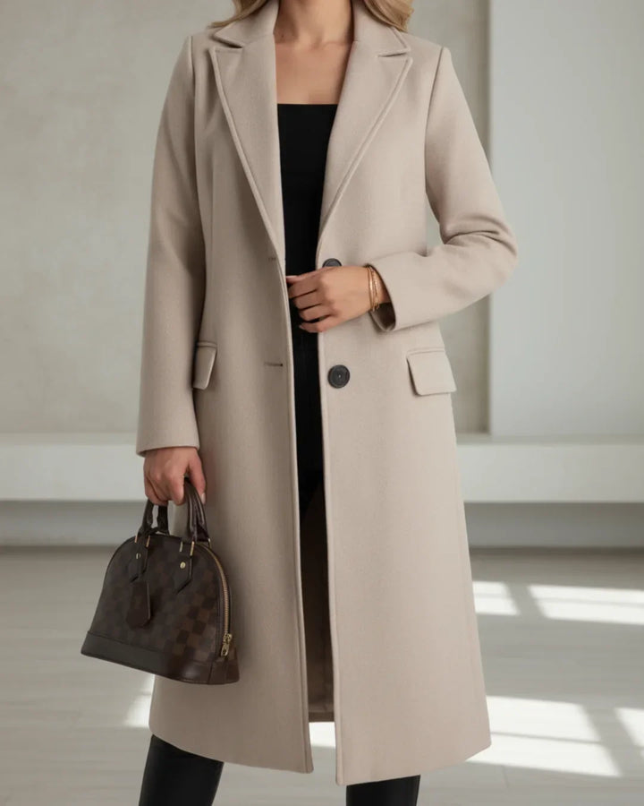 Long Tailored Wool Coat with Notched Lapel Modeberg Bern