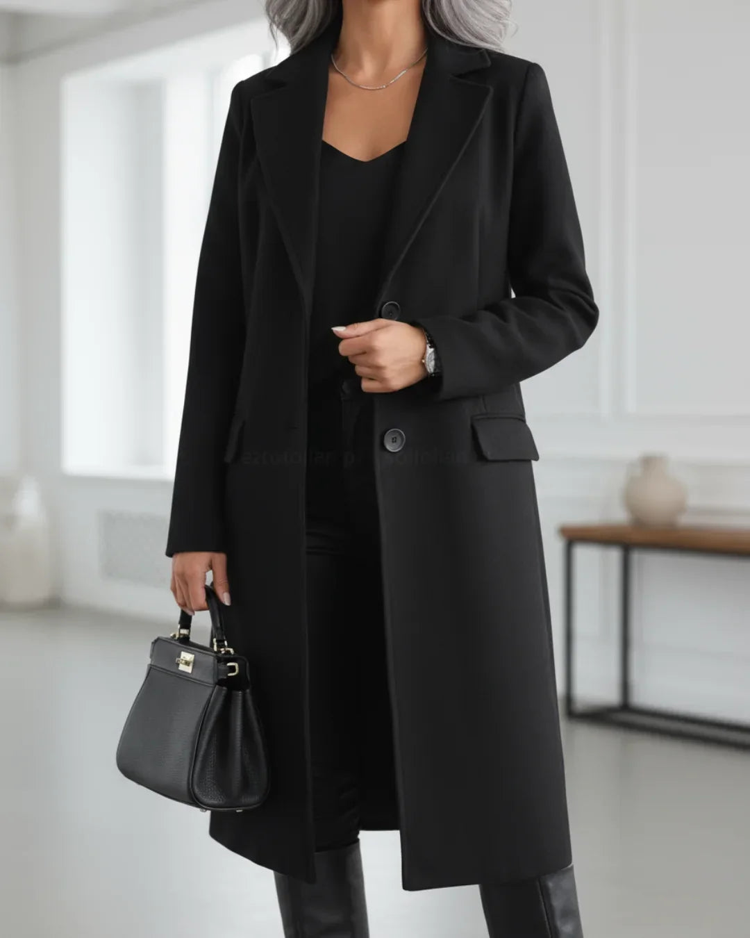 Long Tailored Wool Coat with Notched Lapel Modeberg Bern